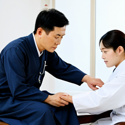 A professional Hanuihak doctor, fully clothed in modest, contemporary professional attire, attentively performing a traditional pulse diagnosis on a patient's wrist. The patient, also fully clothed in appropriate, comfortable clothing, sits calmly across a natural wood table. The setting is a serene and well-lit Hanuihak clinic, featuring minimalist design with subtle traditional Korean aesthetic elements, such as a traditional screen or a delicate ceramic vase. The scene conveys a sense of calm professionalism and deep traditional knowledge. Professional photography, high detail, perfect anatomy, correct proportions, well-formed hands, proper finger count, natural body proportions, safe for work, appropriate content, fully clothed, modest clothing, family-friendly.