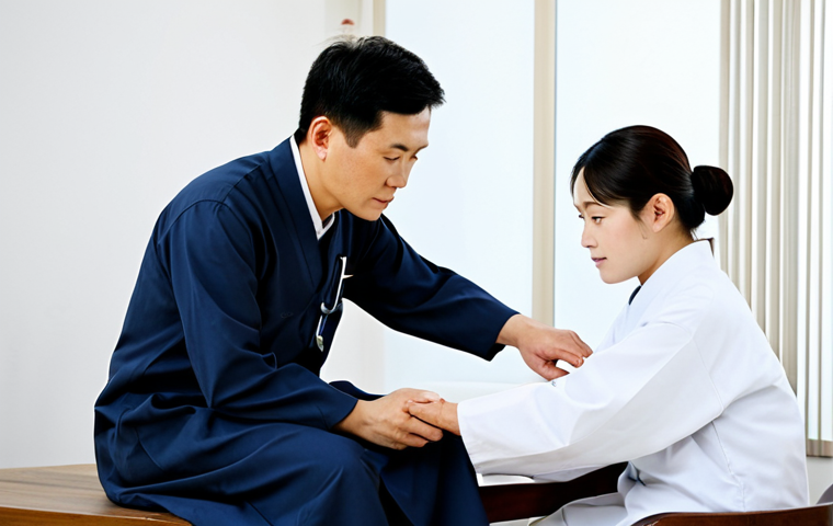 A professional Hanuihak doctor, fully clothed in modest, contemporary professional attire, attentively performing a traditional pulse diagnosis on a patient's wrist. The patient, also fully clothed in appropriate, comfortable clothing, sits calmly across a natural wood table. The setting is a serene and well-lit Hanuihak clinic, featuring minimalist design with subtle traditional Korean aesthetic elements, such as a traditional screen or a delicate ceramic vase. The scene conveys a sense of calm professionalism and deep traditional knowledge. Professional photography, high detail, perfect anatomy, correct proportions, well-formed hands, proper finger count, natural body proportions, safe for work, appropriate content, fully clothed, modest clothing, family-friendly.