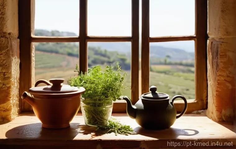 한의학 학문과 현대화 - **Prompt:** A heartwarming scene in a sun-drenched, rustic Portuguese farmhouse kitchen. An elderly,...