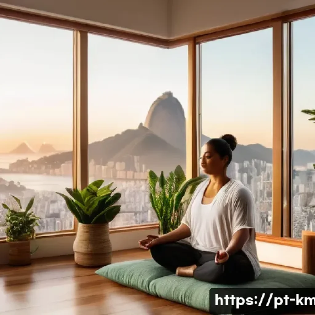한의사와 명상 요법 - A serene, softly lit meditation room in a modern Brazilian apartment, featuring warm wooden floors, ...