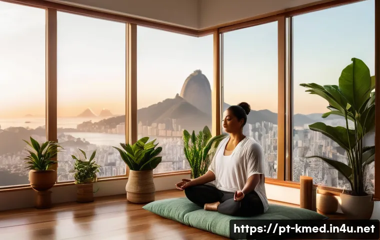 한의사와 명상 요법 - A serene, softly lit meditation room in a modern Brazilian apartment, featuring warm wooden floors, ...